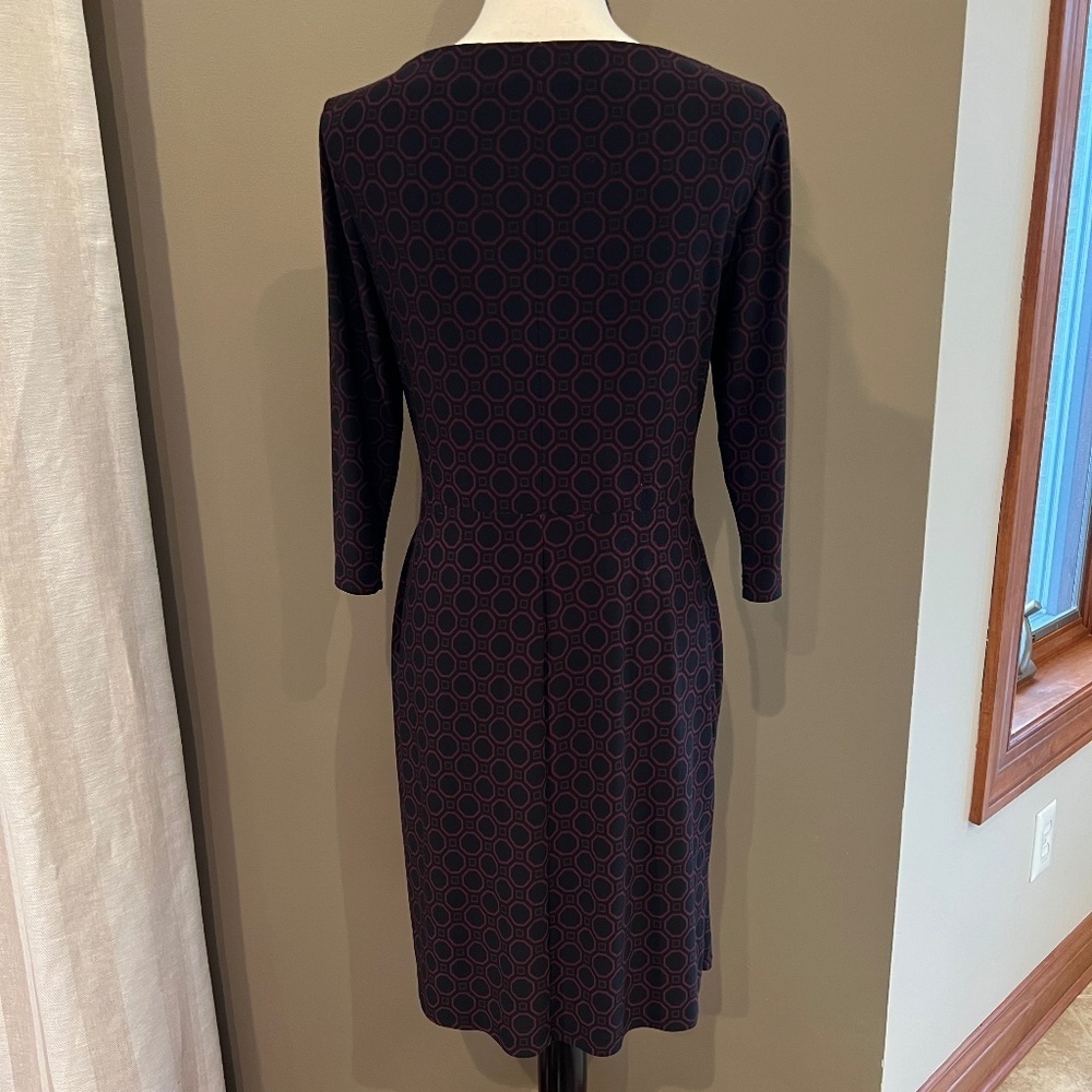 Lauren Ralph Lauren Sheath Geometric Black & Red Rouched Ruffle Dress, Size 12P - Picture 6 of 13